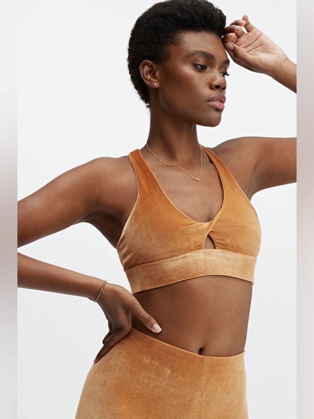 Fabletics Oasis Twist Velour Sports Bra in Light Honey | Size XSmall
